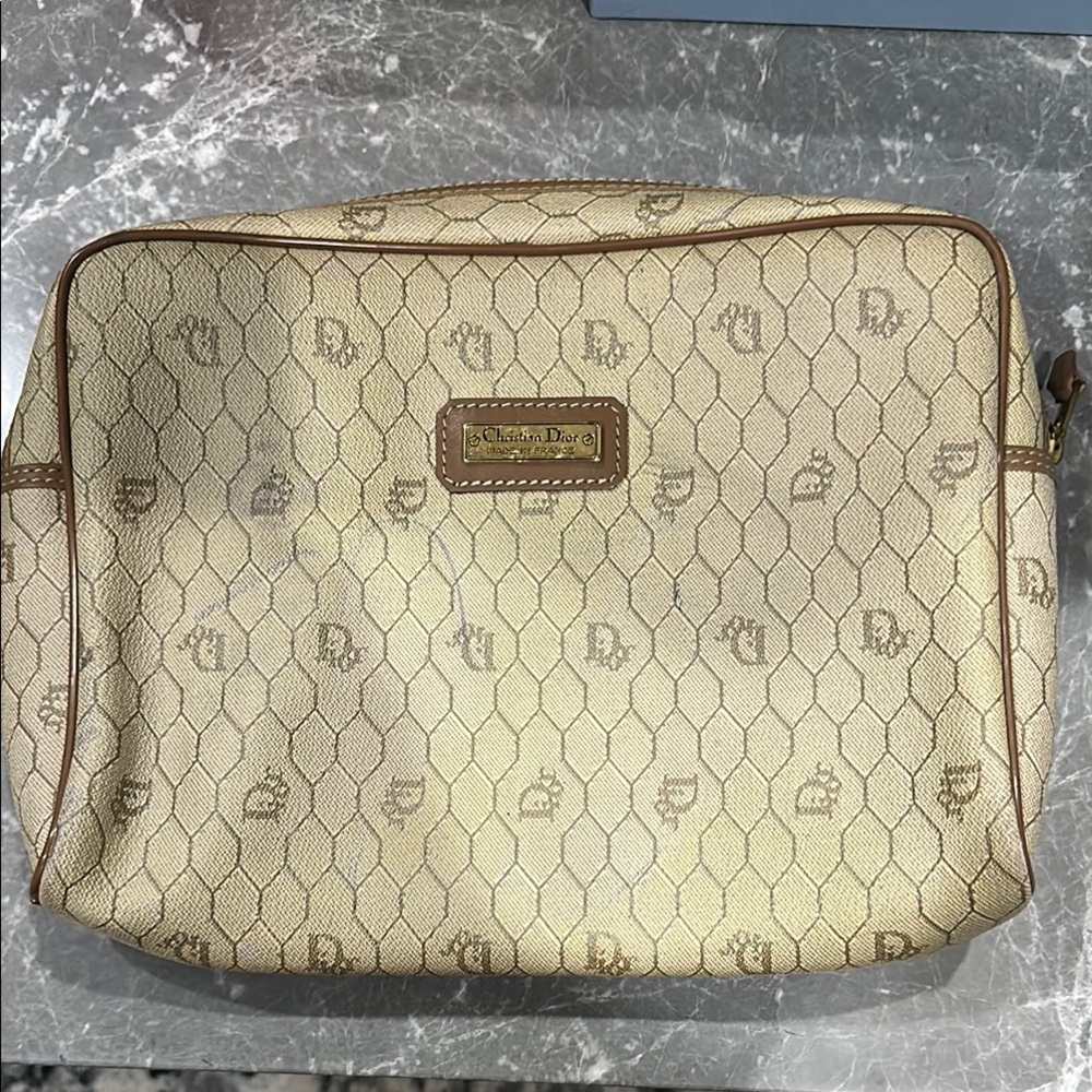 Dior Beige Patterned Pouch with Gold Accent